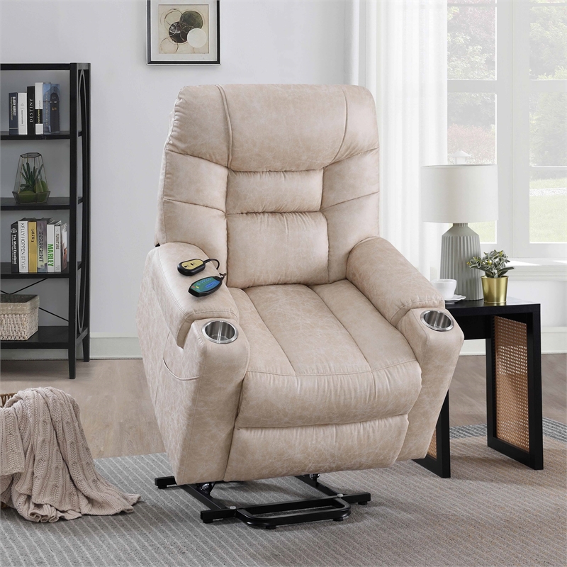 Bowery Hill Faux Leather Power Recliner with Cupholders in Light Gray