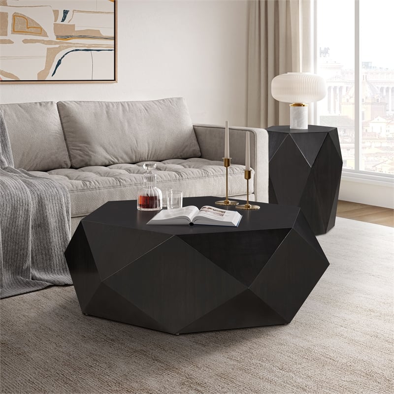 Bowery Hill Hexagonal Wood Coffee Table in Antique Black Finish