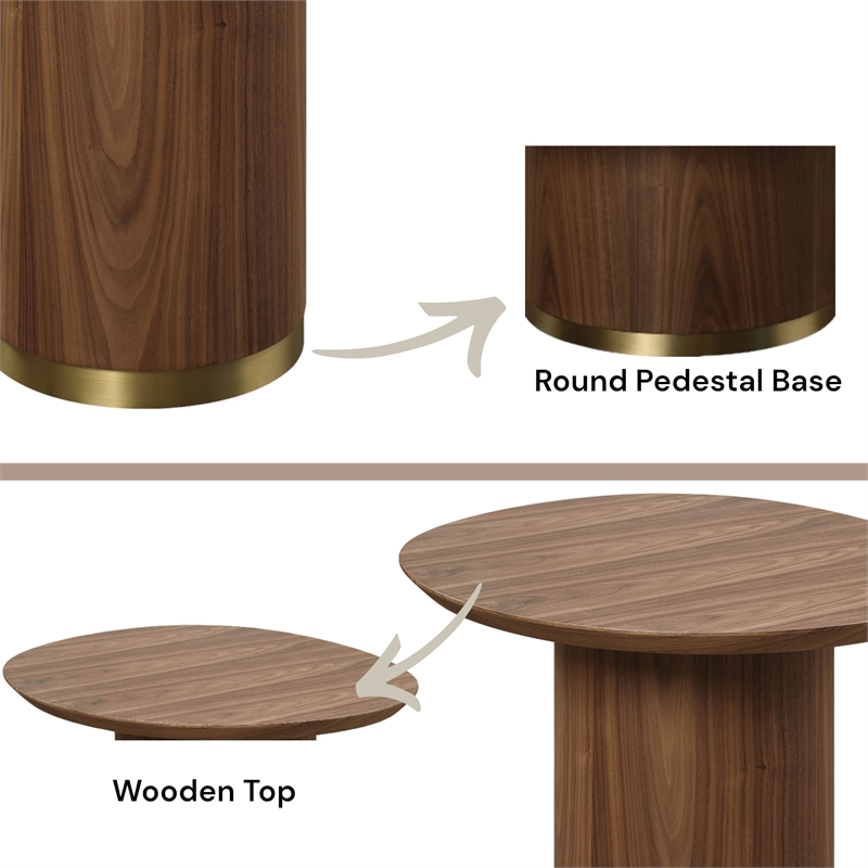 Bowery Hill Wood Pedestal End Table in Walnut and Gold Finish