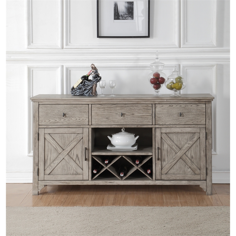 Bowery Hill Rocky Gray Oak Server with Wine Rack and 3 Drawers
