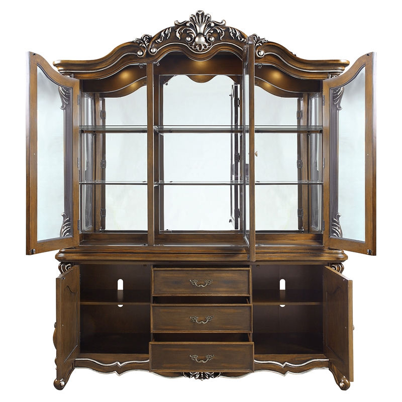 Bowery Hill Wooden Hutch and Buffet with Glass Doors in Antique Oak