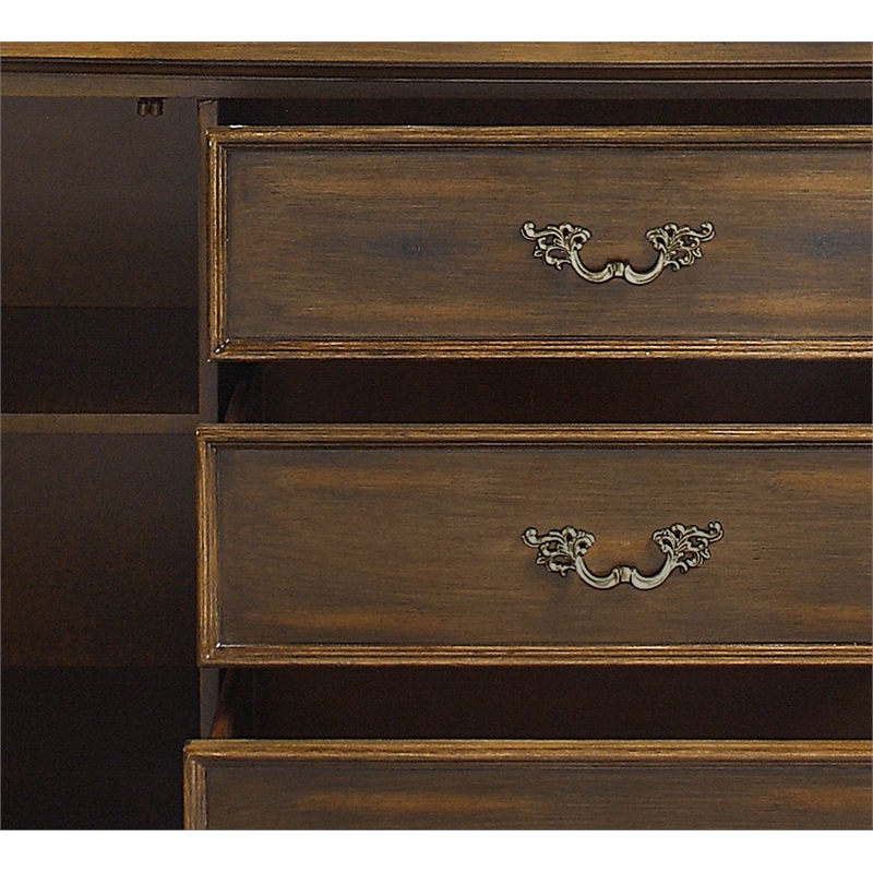 Bowery Hill Wooden Hutch and Buffet with Glass Doors in Antique Oak