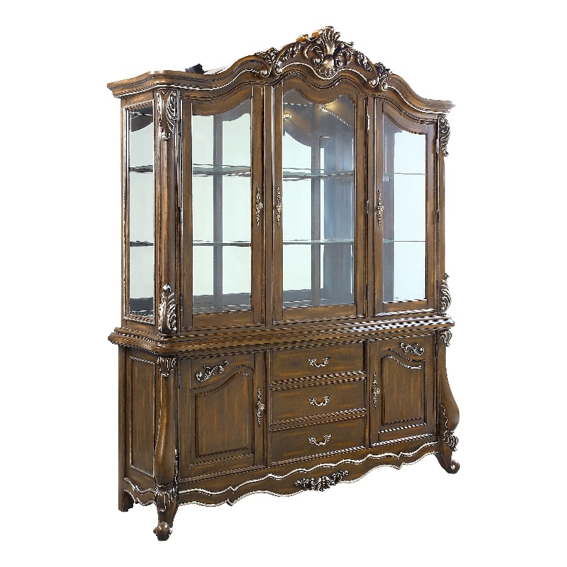 Bowery Hill Wooden Hutch and Buffet with Glass Doors in Antique Oak