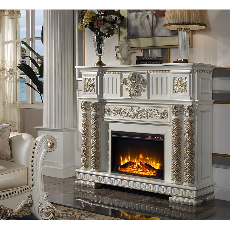 Bowery Hill Vendome LED Fireplace in Antique Pearl Finish with Raised Trim