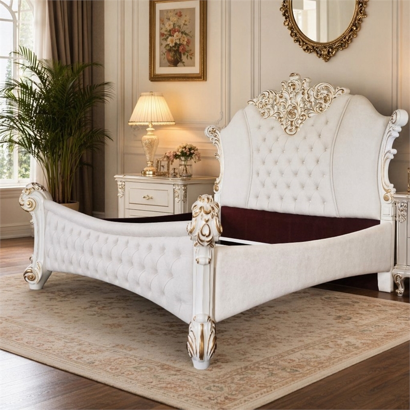 Bowery Hill Vendome Eastern King Bed in Ivory Fabric and Antique Pearl