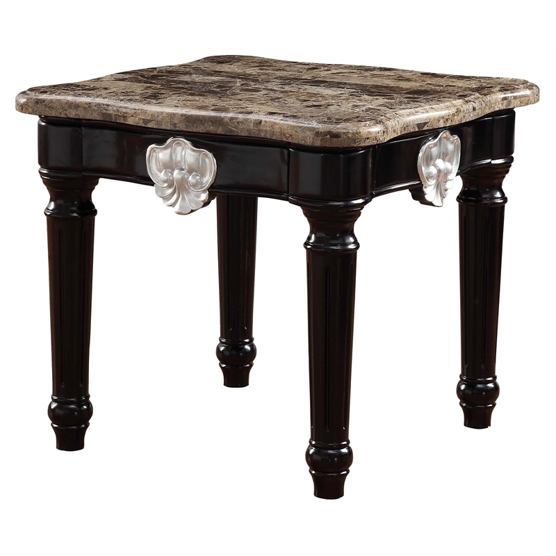 Bowery Hill Marble Top End Table with Carved Wood Frame in Black