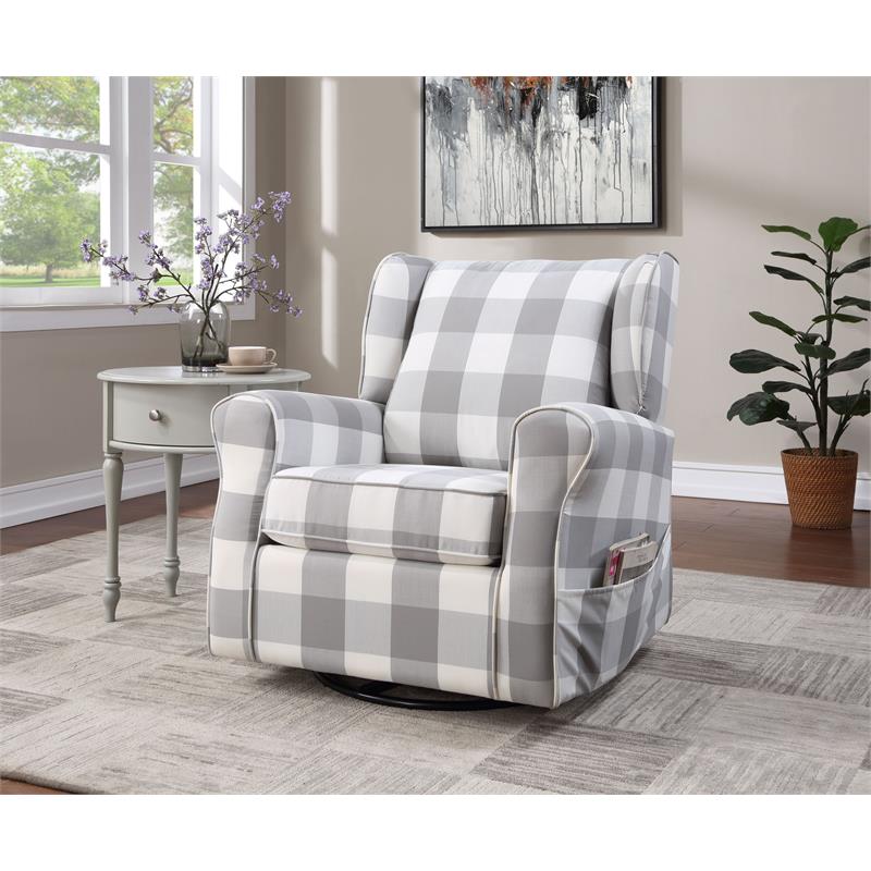 Bowery Hill Swivel Chair with Glider in Gray Fabric and Wood Frame