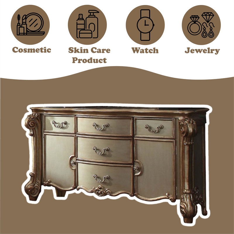 Bowery Hill Gold Patina and Bone Dresser with 5 Drawers and 2 Doors
