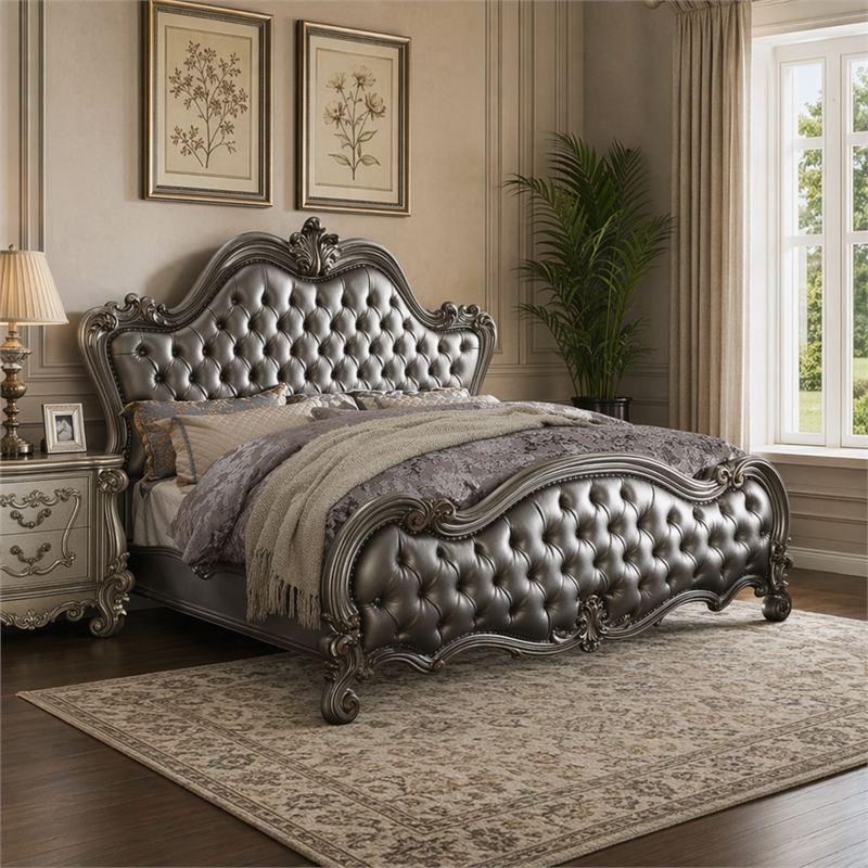 Bowery Hill Faux Leather Tufted Queen Panel Bed in Silver & Platinum