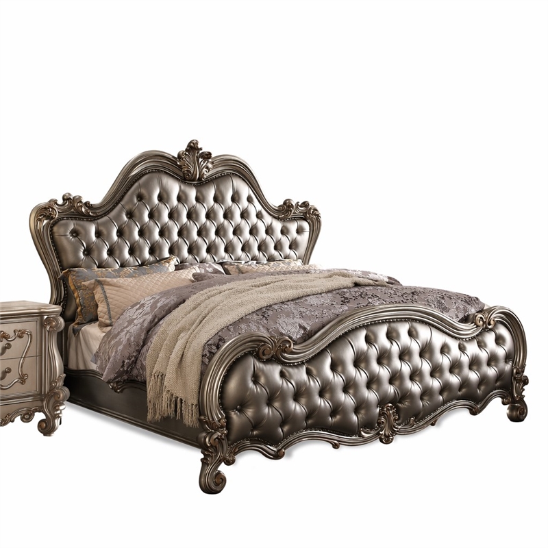 Bowery Hill Faux Leather Tufted Queen Panel Bed in Silver & Platinum