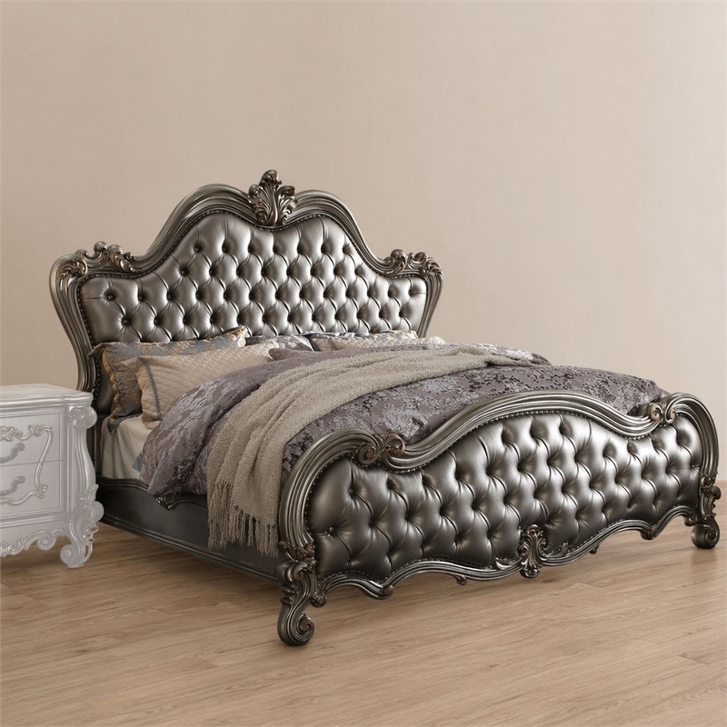 Bowery Hill Faux Leather Tufted Queen Panel Bed in Silver & Platinum
