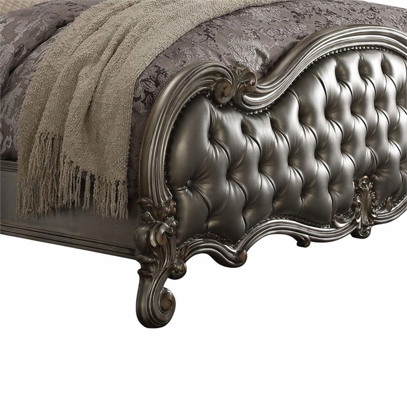 Bowery Hill Faux Leather Tufted Queen Panel Bed in Silver & Platinum