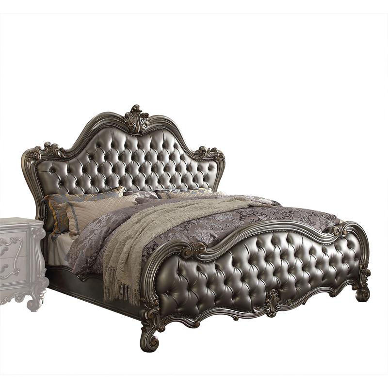 Bowery Hill Faux Leather Tufted Queen Panel Bed in Silver & Platinum