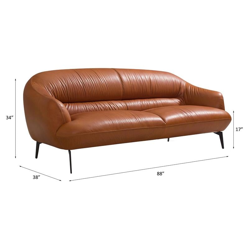 Bowery Hill Upholstery Sofa with Sloped Arms in Cognac Leather