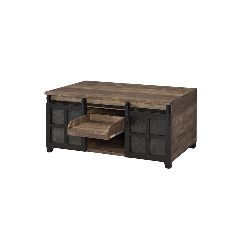 Bowery Hill Coffee Table with Sliding Barn Doors in Rustic Oak and Black