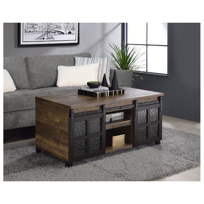 Bowery Hill Coffee Table with Sliding Barn Doors in Rustic Oak and Black