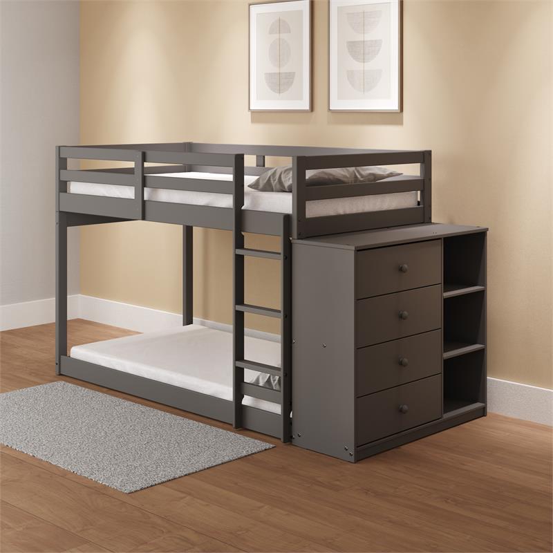 Bowery Hill Twin over Twin Bunk Bed with Storage Cabinet in Grey Wood