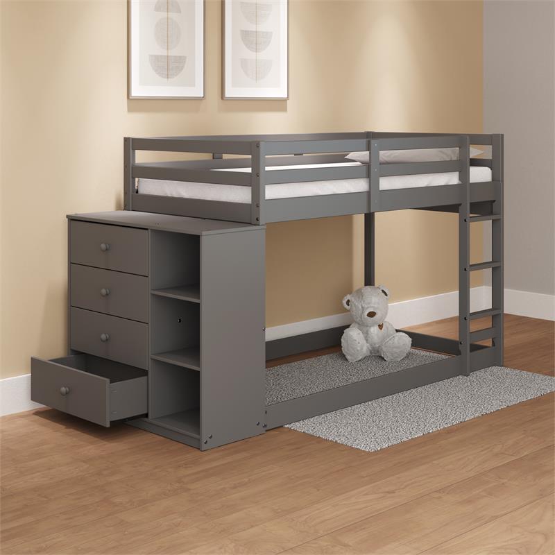 Bowery Hill Twin over Twin Bunk Bed with Storage Cabinet in Grey Wood