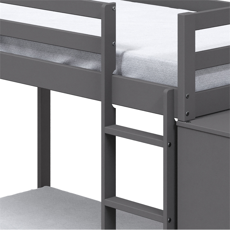 Bowery Hill Twin over Twin Bunk Bed with Storage Cabinet in Grey Wood