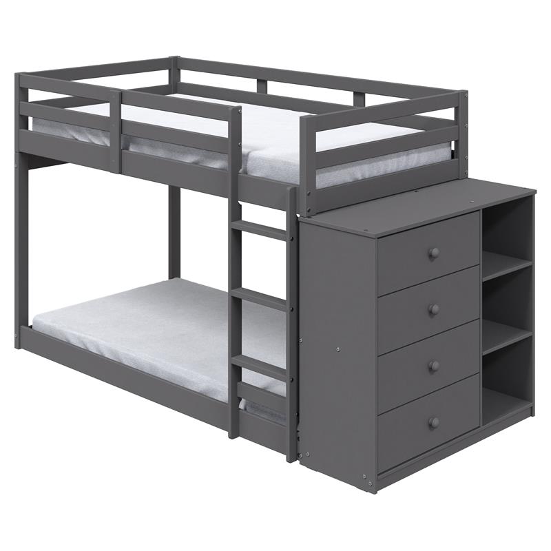 Bowery Hill Twin over Twin Bunk Bed with Storage Cabinet in Grey Wood