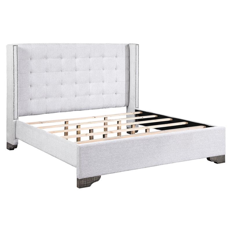 Bowery Hill Tan Tufted Fabric Eastern King Platform Bed with Nailhead Trim