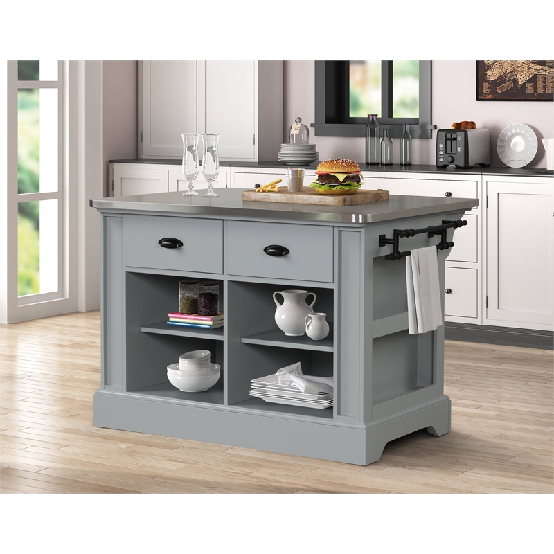 Bowery Hill Urrur Kitchen Island with Gray Base and Stainless Steel Top