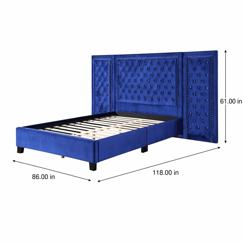 Bowery Hill Queen Bed in Blue Velvet with Oversized Tufted Headboard