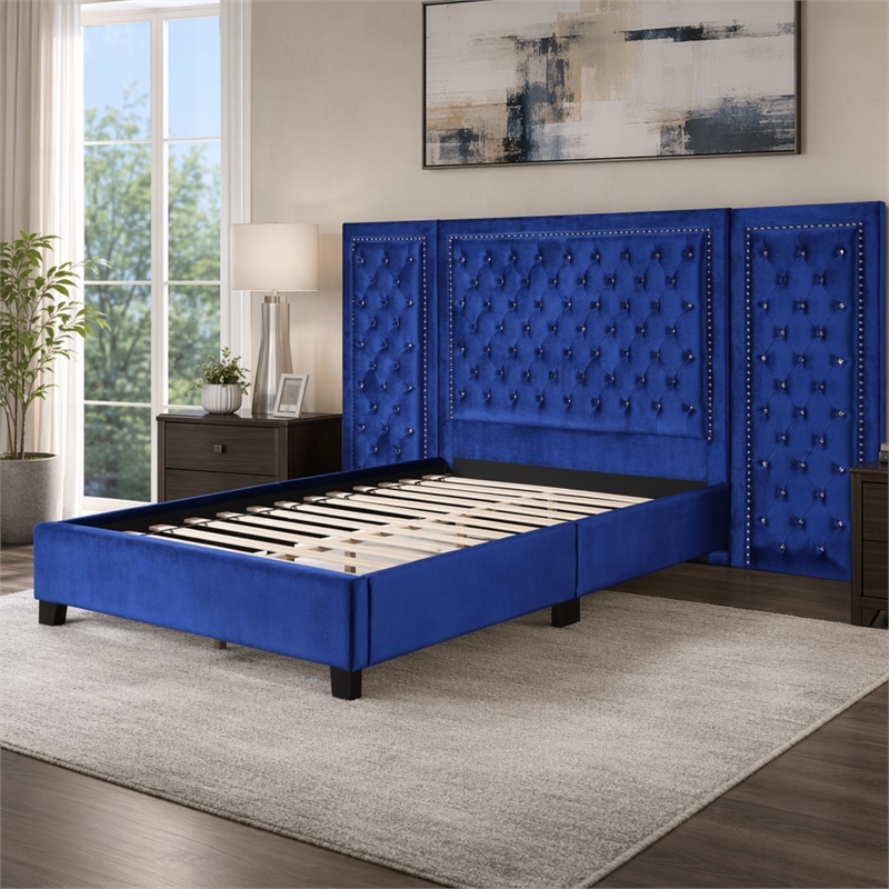 Bowery Hill Queen Bed in Blue Velvet with Oversized Tufted Headboard