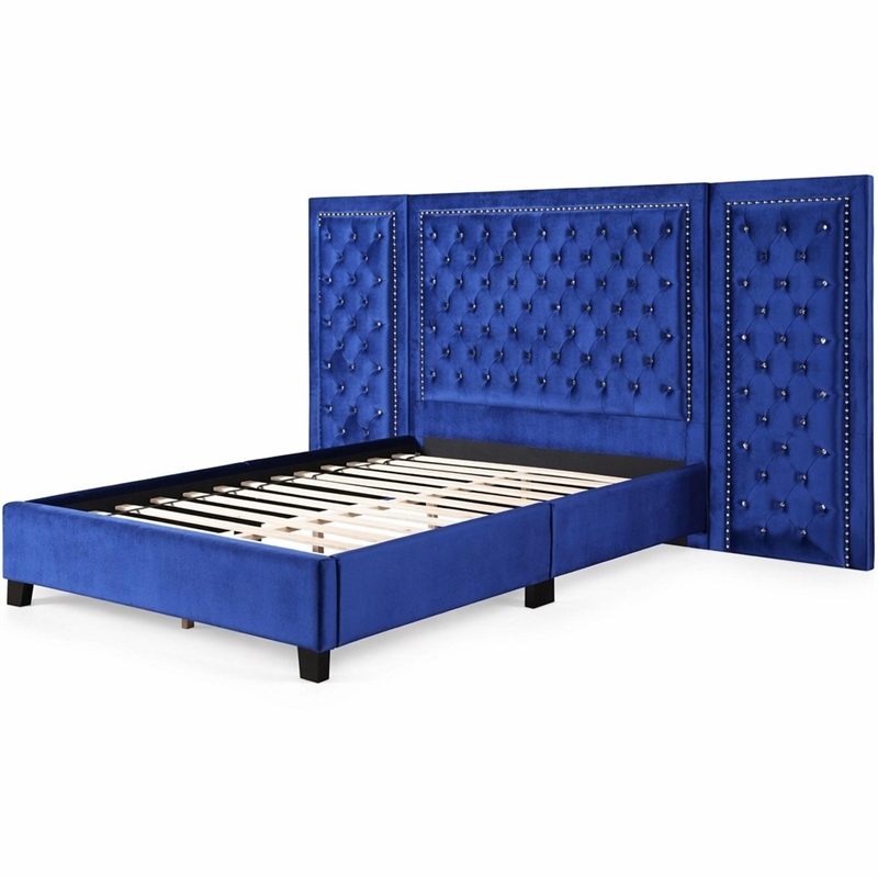 Bowery Hill Queen Bed in Blue Velvet with Oversized Tufted Headboard