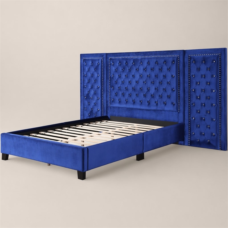 Bowery Hill Queen Bed in Blue Velvet with Oversized Tufted Headboard