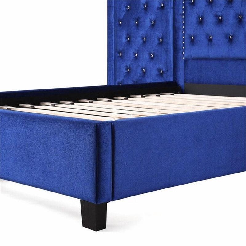 Bowery Hill Queen Bed in Blue Velvet with Oversized Tufted Headboard