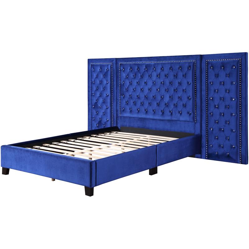 Bowery Hill Queen Bed in Blue Velvet with Oversized Tufted Headboard
