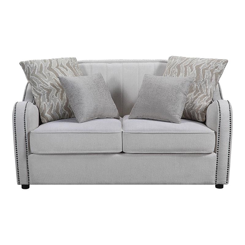 Bowery Hill Beige Linen Loveseat with Nailhead Trim and Pillows