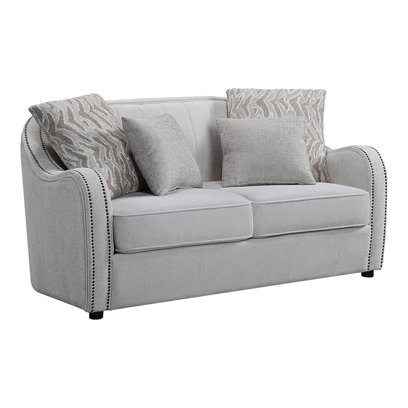 Bowery Hill Beige Linen Loveseat with Nailhead Trim and Pillows
