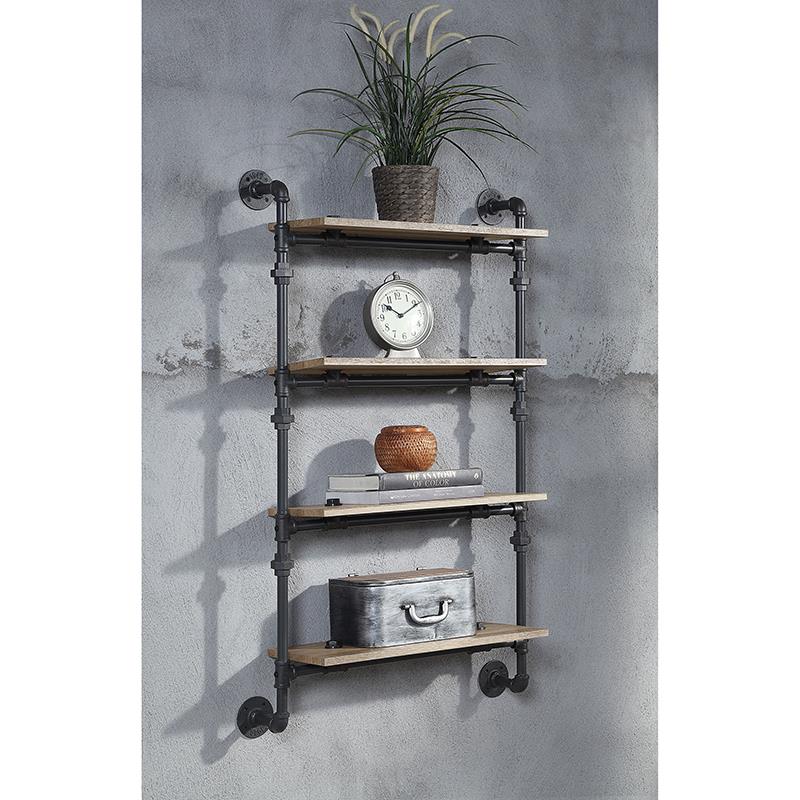 Bowery Hill Wall Rack with 4 Wooden Shelves in Oak and Sandy Black