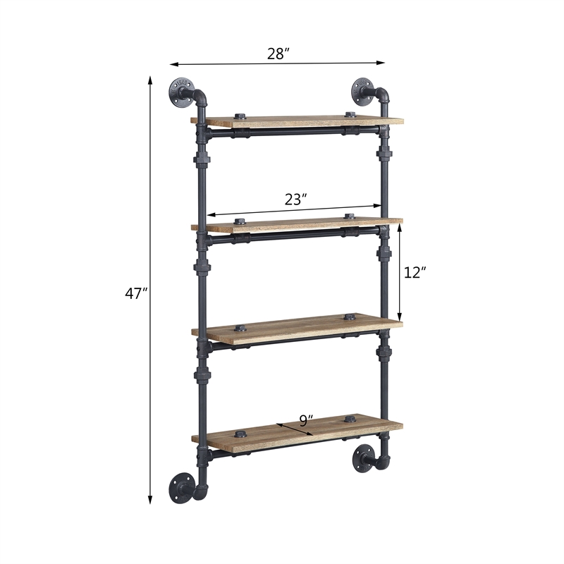 Bowery Hill Wall Rack with 4 Wooden Shelves in Oak and Sandy Black