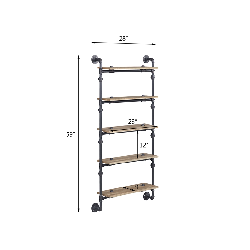 Bowery Hill Wall Rack with 5 Wooden Shelves in Oak and Sandy Black