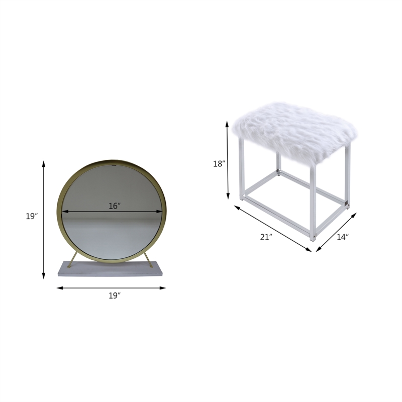 Bowery Hill Vanity Mirror and Stool Set in White and Brass Metal
