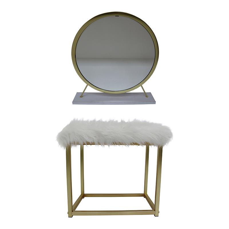 Bowery Hill Vanity Mirror and Stool Set in White and Brass Metal