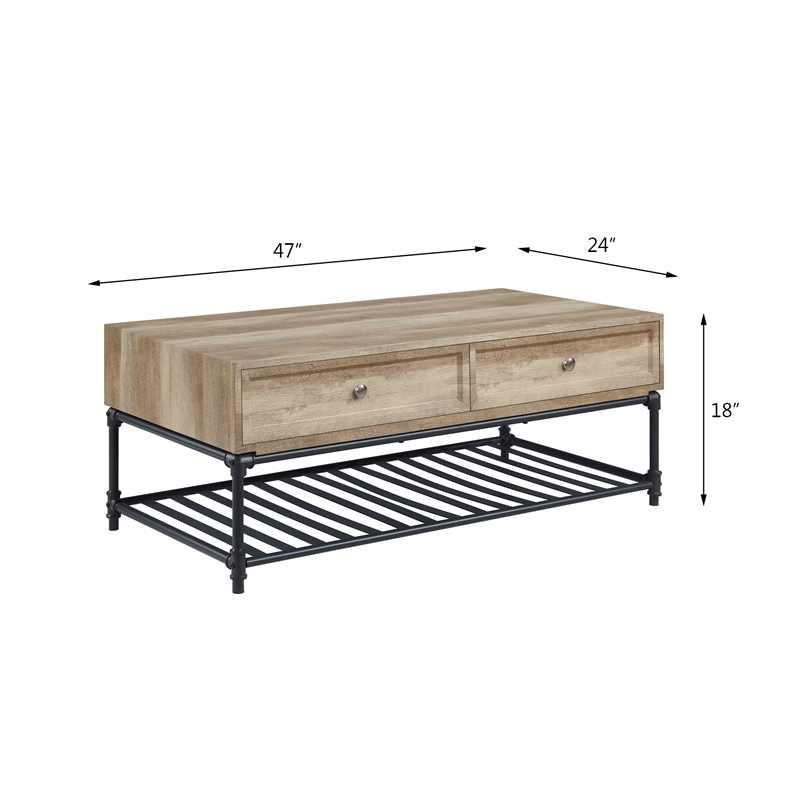 Bowery Hill Brantley 2-Drawer Wooden Coffee Table in Oak and Sandy Black