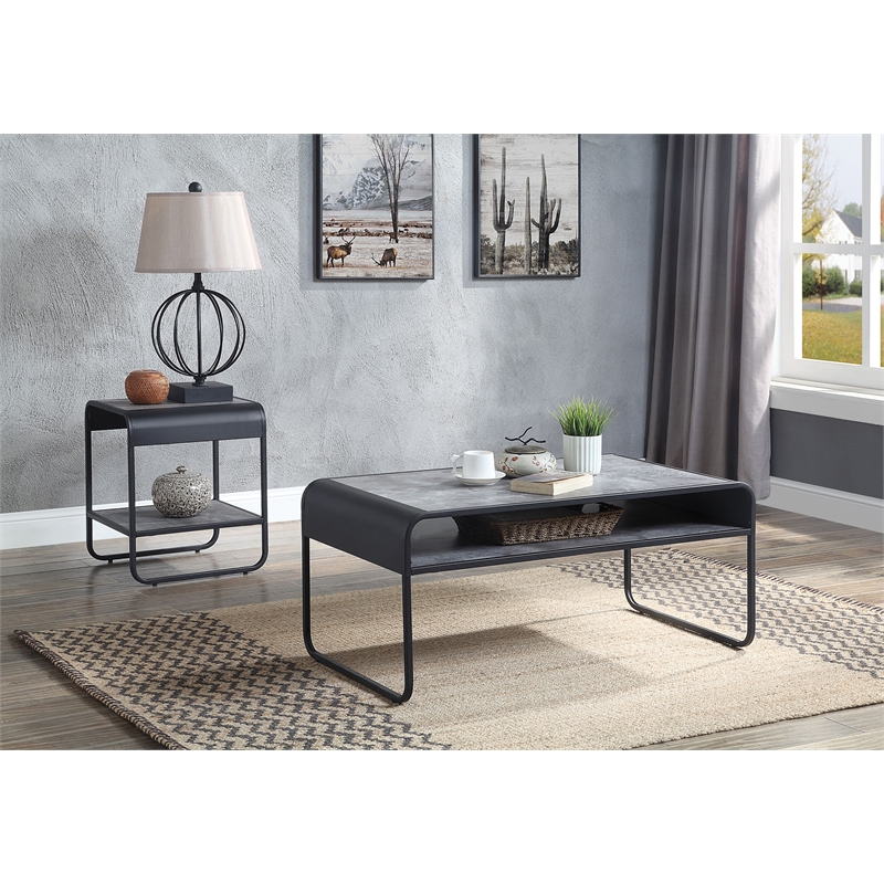 Bowery Hill Wooden Coffee Table in Concrete Gray and Black Metal Frame
