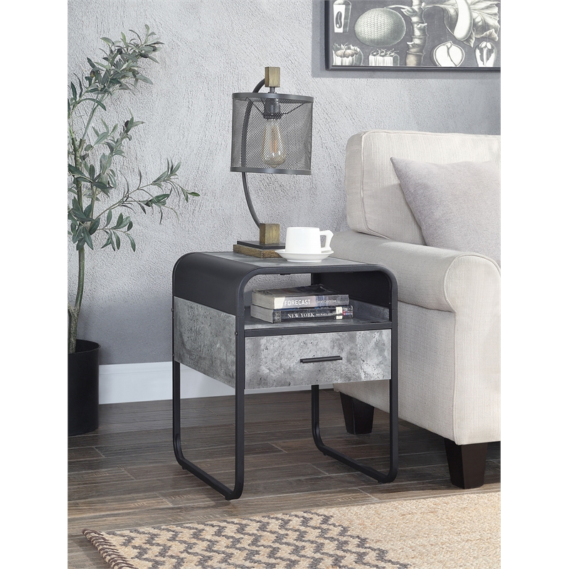 Bowery Hill Wooden End Table with Drawer Concrete Gray and Black Finish