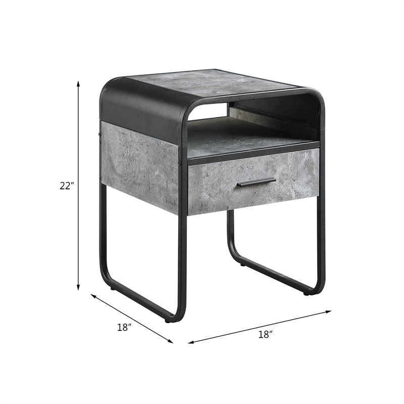Bowery Hill Wooden End Table with Drawer Concrete Gray and Black Finish
