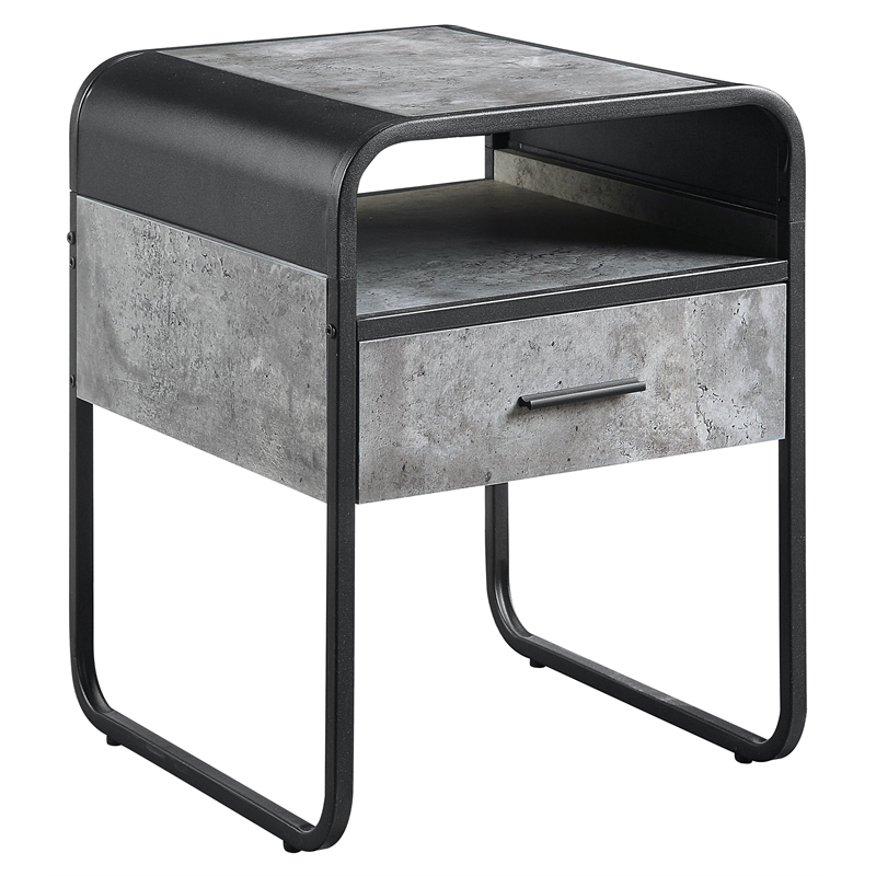 Bowery Hill Wooden End Table with Drawer Concrete Gray and Black Finish
