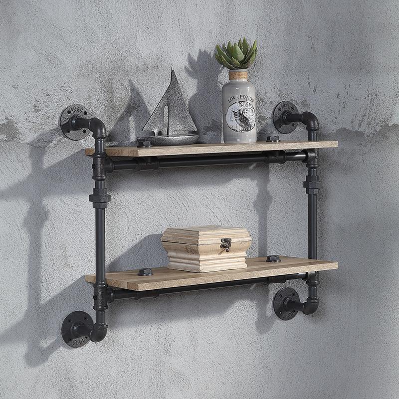 Bowery Hill Wall Rack with 2 Wooden Shelves Oak Sandy Black Industrial Style