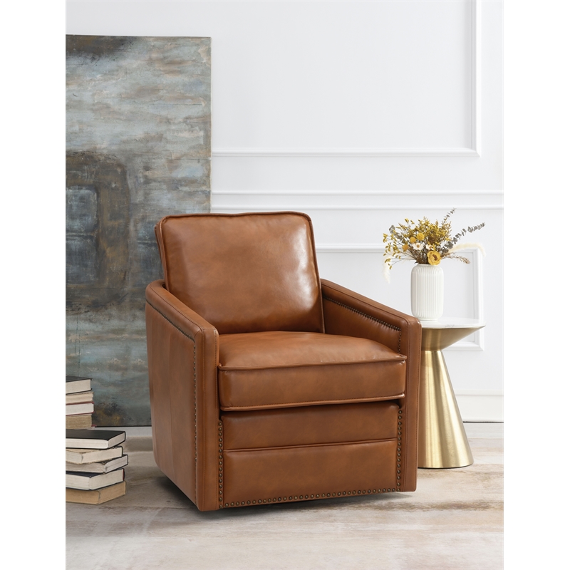 Bowery Hill Wooden Upholstered Accent Chair with Swivel and Leather Aire