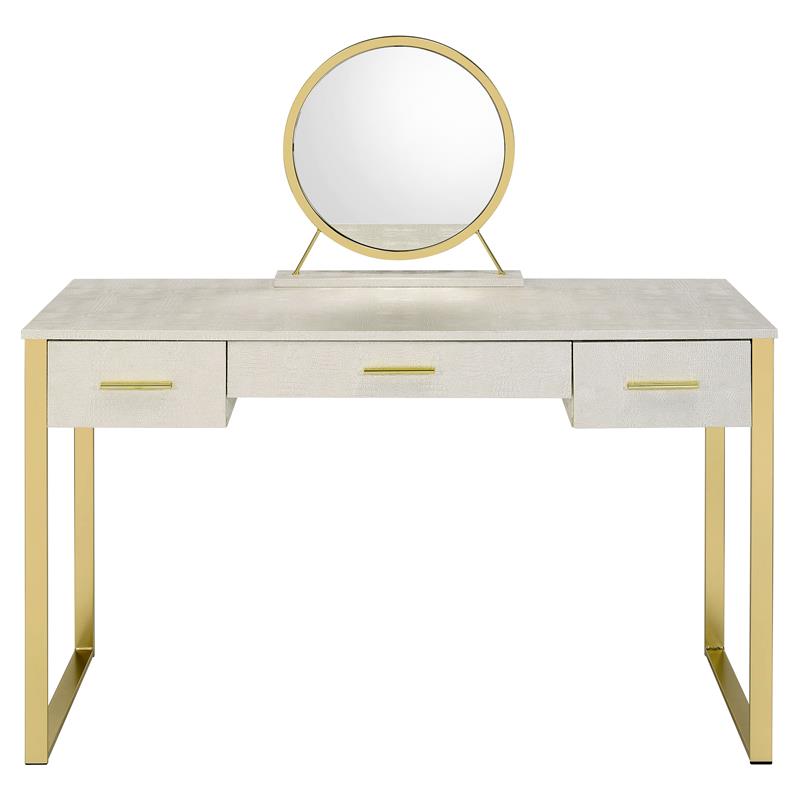 Bowery Hill Vanity Set with USB Port and Mirror in White and Champagne Metal