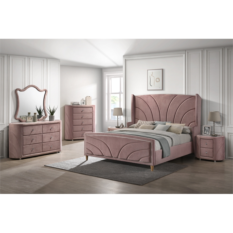 Bowery Hill Eastern King Tufted Velvet Upholstered Bed with Wood Legs in Pink