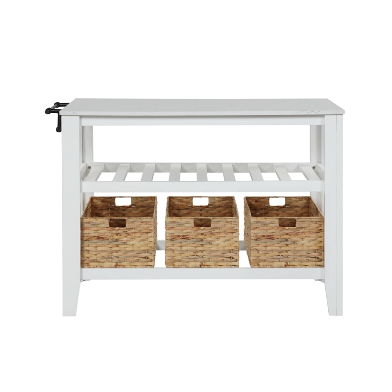 Bowery Hill 2-Shelf Wooden Kitchen Island with Marble Top in White Finish