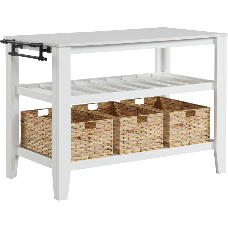 Bowery Hill 2-Shelf Wooden Kitchen Island with Marble Top in White Finish